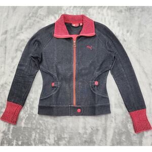Vintage 90s Puma Full Zip Jacket Size S Gray Red Rib Knit Collar Cuffs Pockets